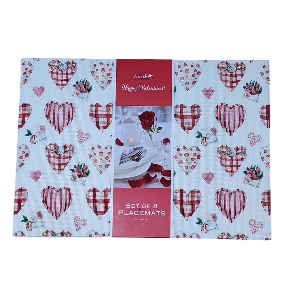 Colordrift White Red Pink Hearts Decorative Placemats Set 8pc Table Mats 13x18in